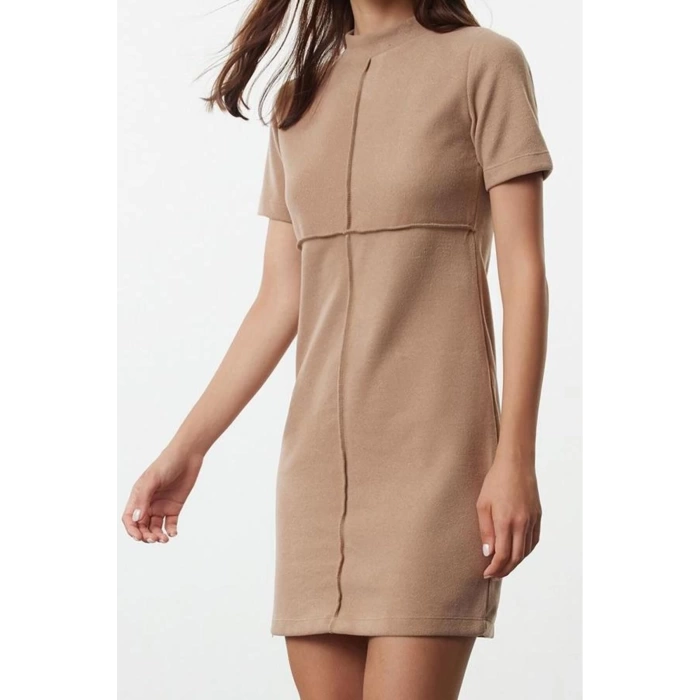 Kadın Moda Şık Mini Boy Dik Yaka Regular A Kesim Çan Form Selanik Triko Görünümlü Örme Elbise