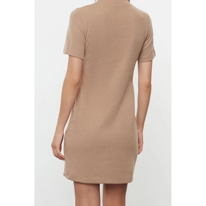 Kadın Moda Şık Mini Boy Dik Yaka Regular A Kesim Çan Form Selanik Triko Görünümlü Örme Elbise