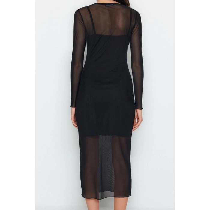 Kadın Moda Şık Midi Boy Bisiklet Yaka Slim Tül Astarlı Vücuda Oturan Örme Elbise
