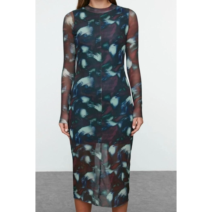 Women Fashion Stylish Midi Length Stand Collar Slim Indigo Printed Tulle Lined Bodycon Knitted Dress