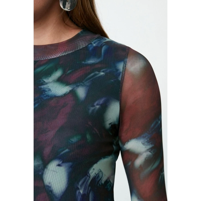 Women Fashion Stylish Midi Length Stand Collar Slim Indigo Printed Tulle Lined Bodycon Knitted Dress