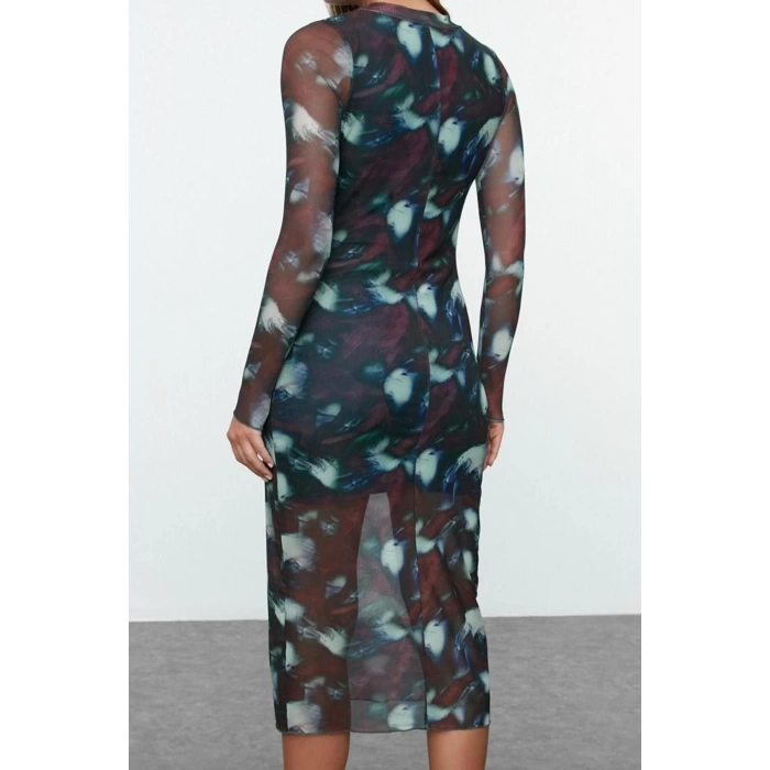Women Fashion Stylish Midi Length Stand Collar Slim Indigo Printed Tulle Lined Bodycon Knitted Dress