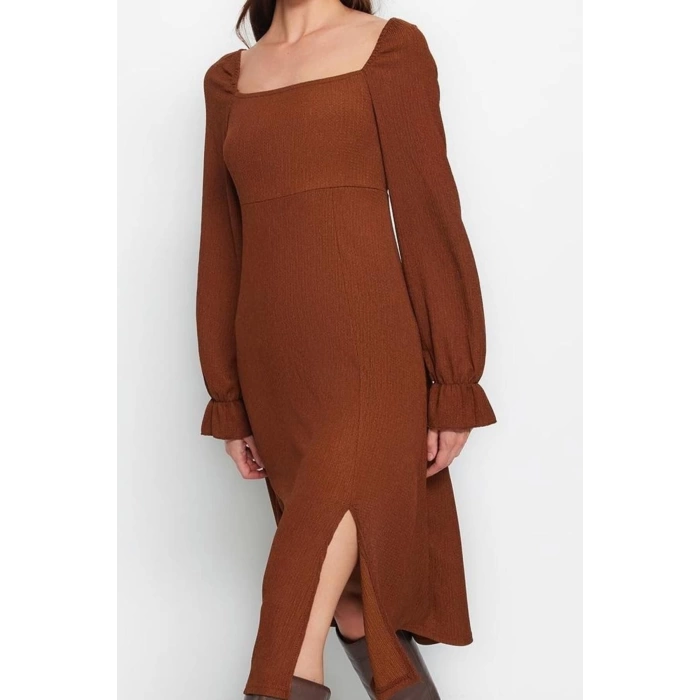 Women Fashion Stylish Midi Length Square Neck Flared Crepe Textured Slit Knitted Dress