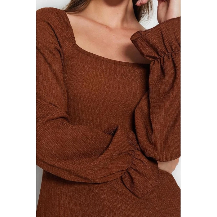 Women Fashion Stylish Midi Length Square Neck Flared Crepe Textured Slit Knitted Dress