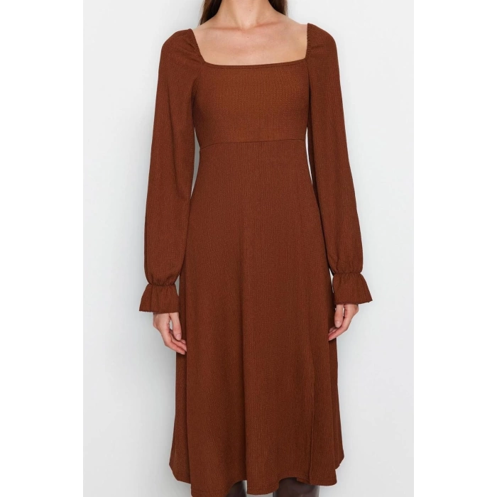 Women Fashion Stylish Midi Length Square Neck Flared Crepe Textured Slit Knitted Dress