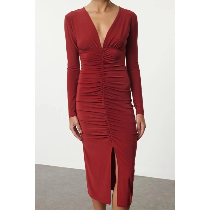 Women Fashion Stylish Midi Length V Neck Slim Plain Gathered Draped Fitted Body-Smooth Flexible Knitted Dress