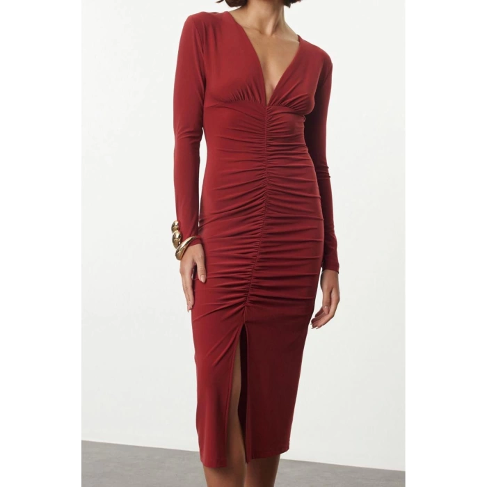 Women Fashion Stylish Midi Length V Neck Slim Plain Gathered Draped Fitted Body-Smooth Flexible Knitted Dress
