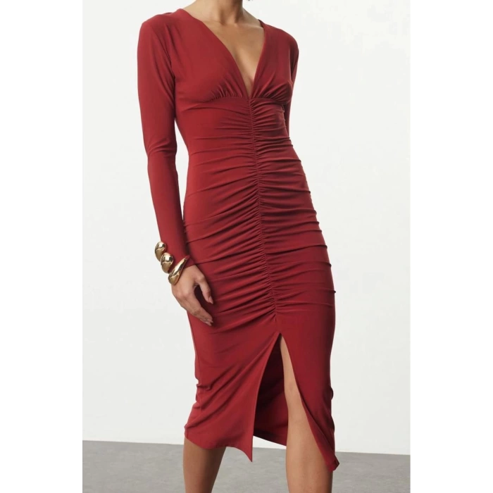 Women Fashion Stylish Midi Length V Neck Slim Plain Gathered Draped Fitted Body-Smooth Flexible Knitted Dress