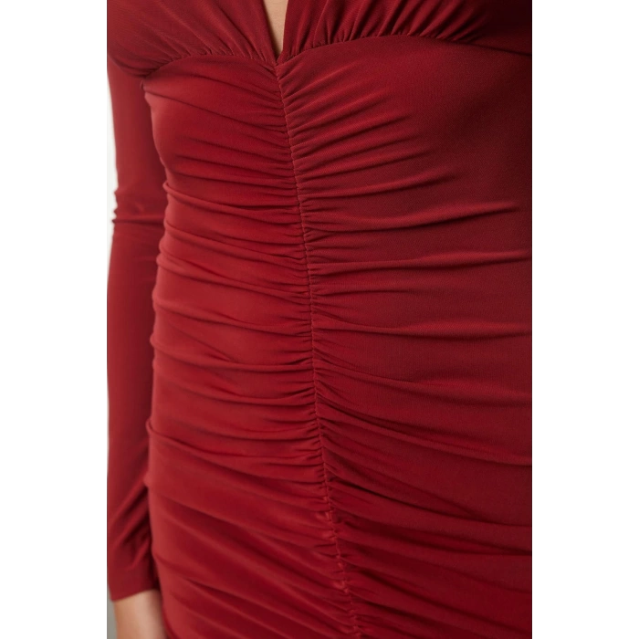 Women Fashion Stylish Midi Length V Neck Slim Plain Gathered Draped Fitted Body-Smooth Flexible Knitted Dress