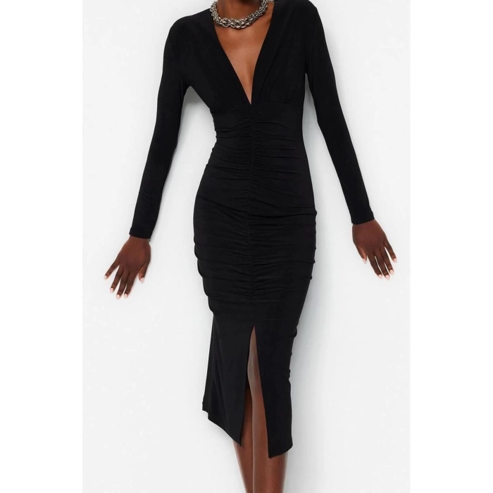 Women Fashion Stylish Midi Length V Neck Slim Plain Gathered Draped Fitted Body-Smooth Flexible Knitted Dress