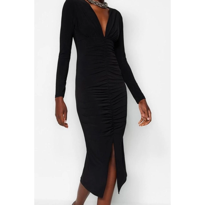 Women Fashion Stylish Midi Length V Neck Slim Plain Gathered Draped Fitted Body-Smooth Flexible Knitted Dress