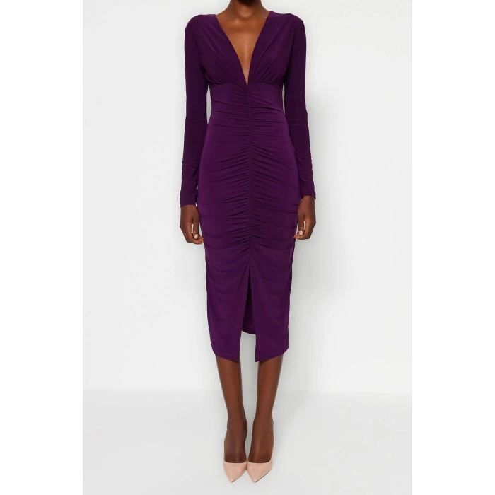 Women Fashion Stylish Midi Length V Neck Slim Plain Gathered Draped Fitted Body-Smooth Flexible Knitted Dress