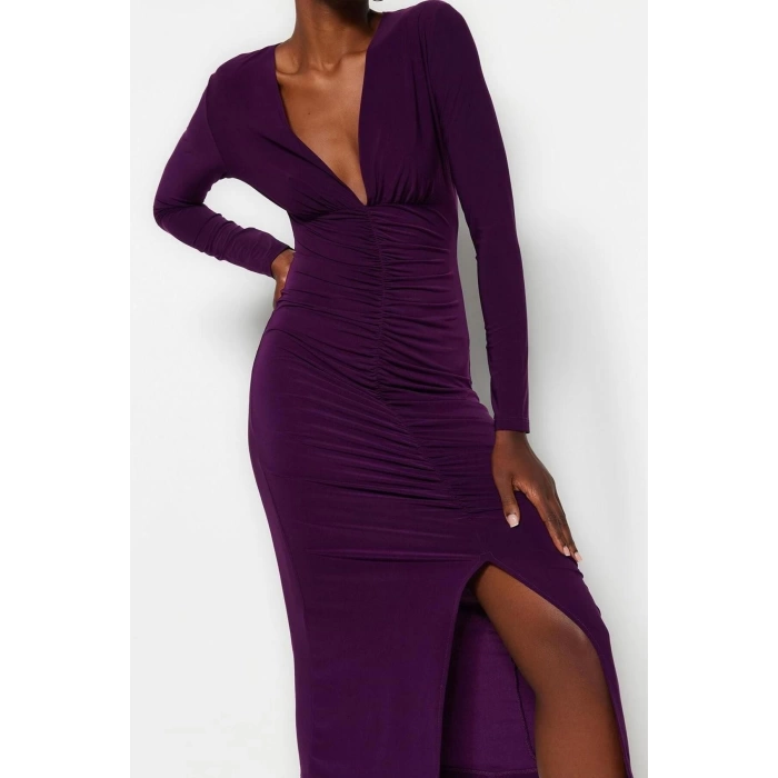 Women Fashion Stylish Midi Length V Neck Slim Plain Gathered Draped Fitted Body-Smooth Flexible Knitted Dress