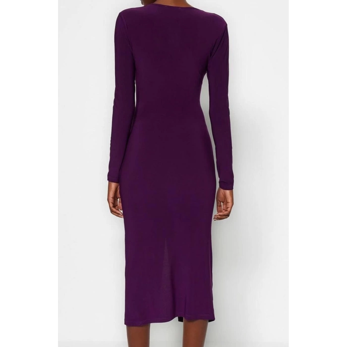 Women Fashion Stylish Midi Length V Neck Slim Plain Gathered Draped Fitted Body-Smooth Flexible Knitted Dress