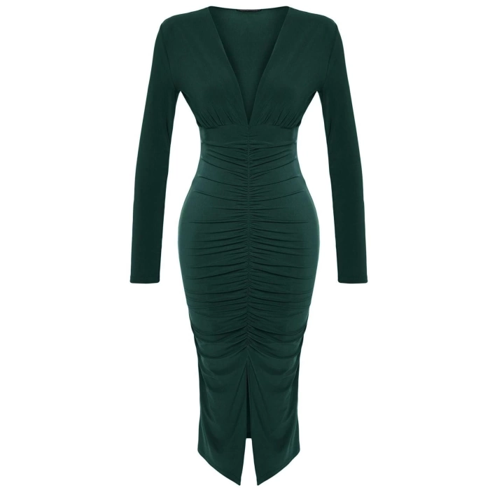 Women Fashion Stylish Midi Length V Neck Slim Plain Gathered Draped Fitted Body-Smooth Flexible Knitted Dress