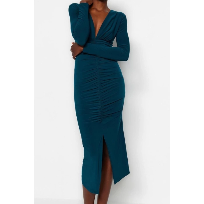 Women Fashion Stylish Midi Length V Neck Slim Plain Gathered Draped Fitted Body-Smooth Flexible Knitted Dress