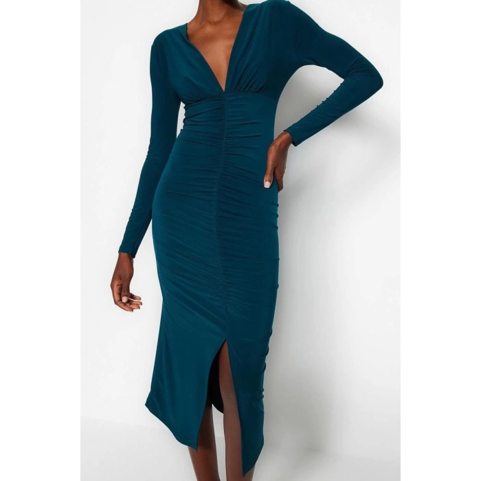 Women Fashion Stylish Midi Length V Neck Slim Plain Gathered Draped Fitted Body-Smooth Flexible Knitted Dress