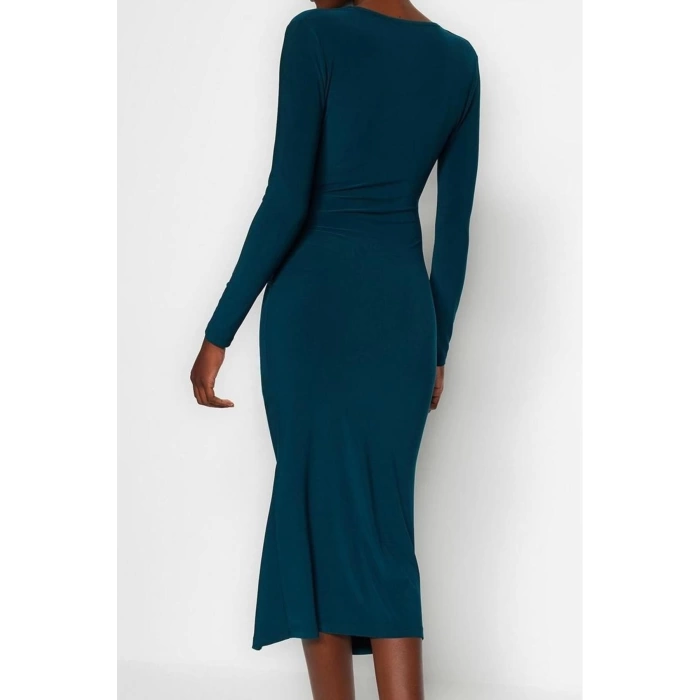 Women Fashion Stylish Midi Length V Neck Slim Plain Gathered Draped Fitted Body-Smooth Flexible Knitted Dress