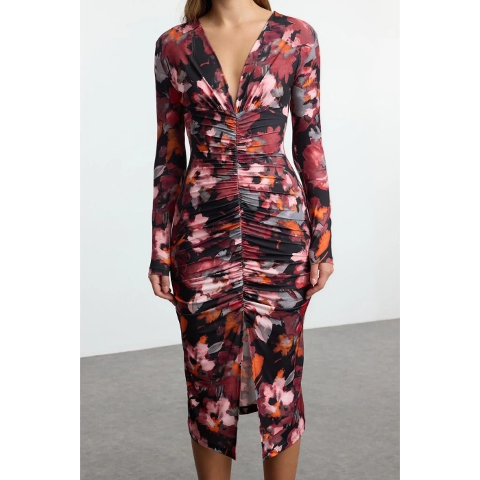 Women Fashion Stylish Midi Length V Neck Slim Plain Gathered Draped Fitted Body-Smooth Flexible Knitted Dress