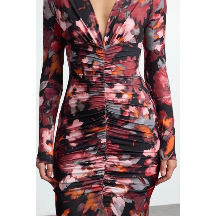 Women Fashion Stylish Midi Length V Neck Slim Plain Gathered Draped Fitted Body-Smooth Flexible Knitted Dress