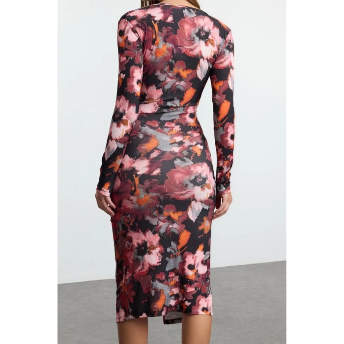 Women Fashion Stylish Midi Length V Neck Slim Plain Gathered Draped Fitted Body-Smooth Flexible Knitted Dress