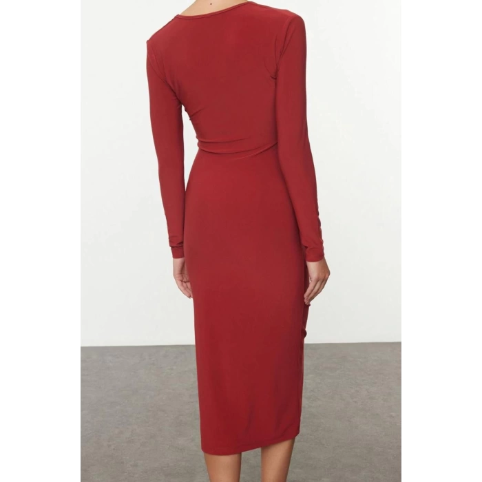 Women Fashion Stylish Midi Length V Neck Slim Plain Gathered Draped Fitted Body-Smooth Flexible Knitted Dress