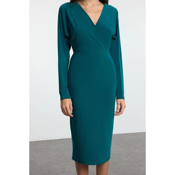 Women Fashion Stylish Midi Length Double Breasted Slim Plain Batwing Sleeve Detailed Fitted Flexible Knitted Dress
