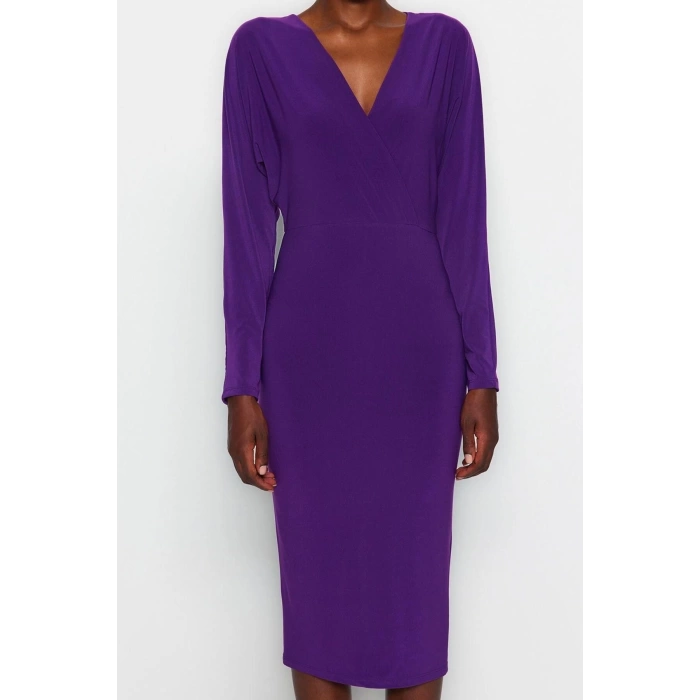 Women Fashion Stylish Midi Length Double Breasted Slim Plain Batwing Sleeve Detailed Fitted Flexible Knitted Dress