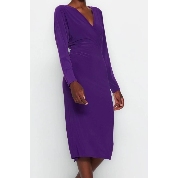 Women Fashion Stylish Midi Length Double Breasted Slim Plain Batwing Sleeve Detailed Fitted Flexible Knitted Dress