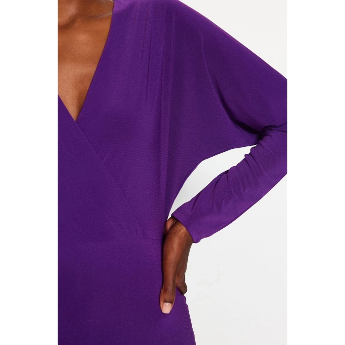 Women Fashion Stylish Midi Length Double Breasted Slim Plain Batwing Sleeve Detailed Fitted Flexible Knitted Dress