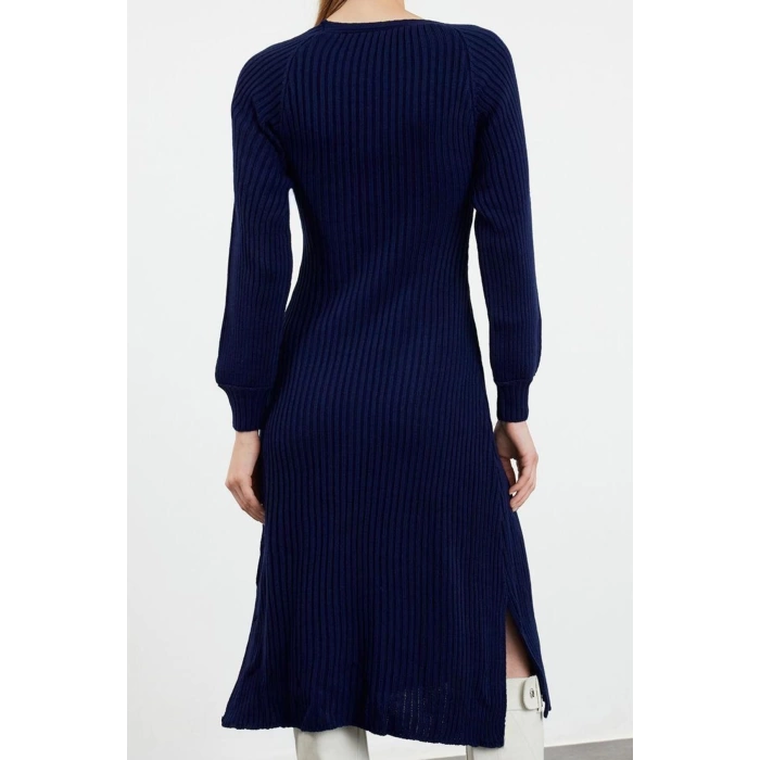 Kadın Moda Şık Midi Boy Kalp Yaka Slim Triko Elbise