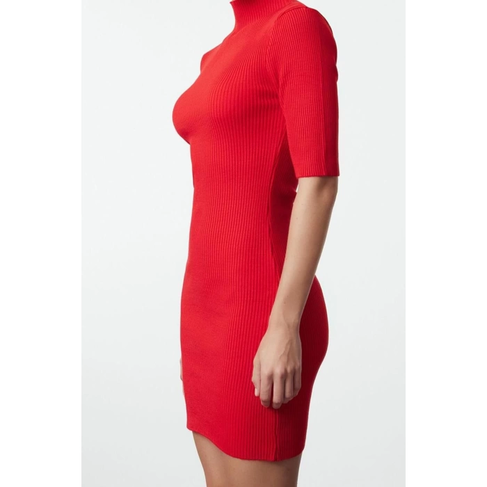 Kadın Moda Şık Mini Boy Dik Yaka Slim Triko Elbise