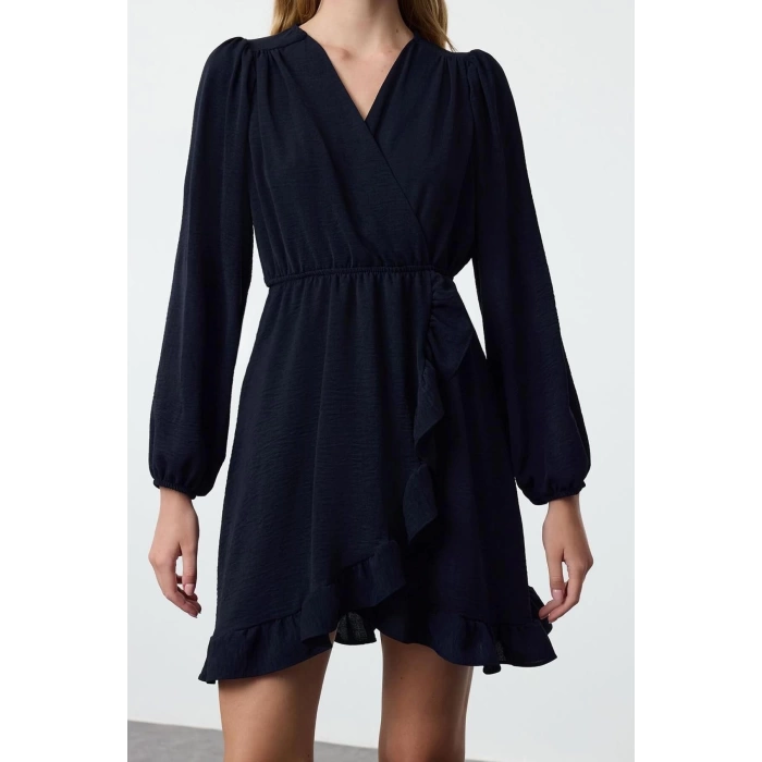 Women Fashion Stylish Mini Length Double Breasted Regular Belted Woven Flounce Dress