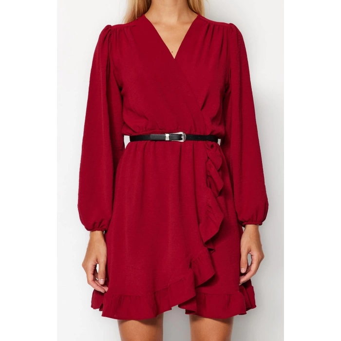 Women Fashion Stylish Mini Length Double Breasted Regular Belted Woven Flounce Dress