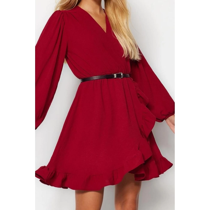 Women Fashion Stylish Mini Length Double Breasted Regular Belted Woven Flounce Dress