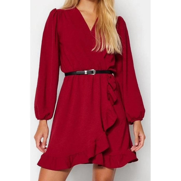 Women Fashion Stylish Mini Length Double Breasted Regular Belted Woven Flounce Dress