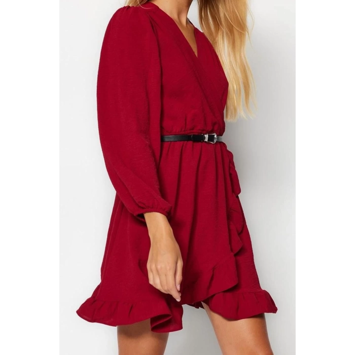Women Fashion Stylish Mini Length Double Breasted Regular Belted Woven Flounce Dress