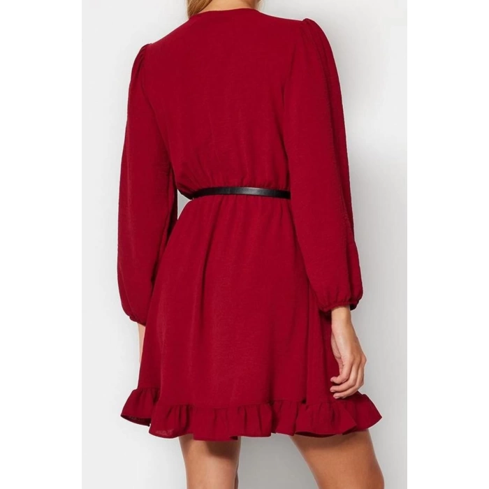 Women Fashion Stylish Mini Length Double Breasted Regular Belted Woven Flounce Dress