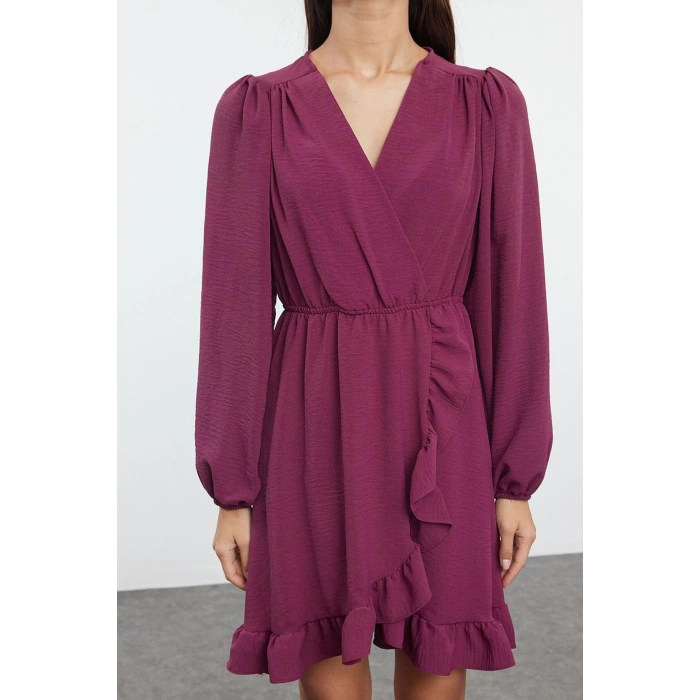 Women Fashion Stylish Mini Length Double Breasted Regular Belted Woven Flounce Dress