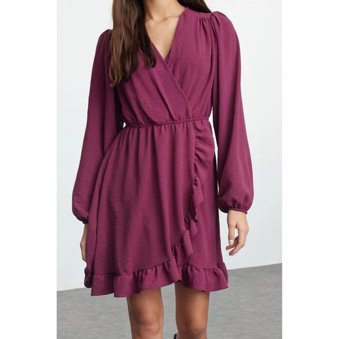 Women Fashion Stylish Mini Length Double Breasted Regular Belted Woven Flounce Dress