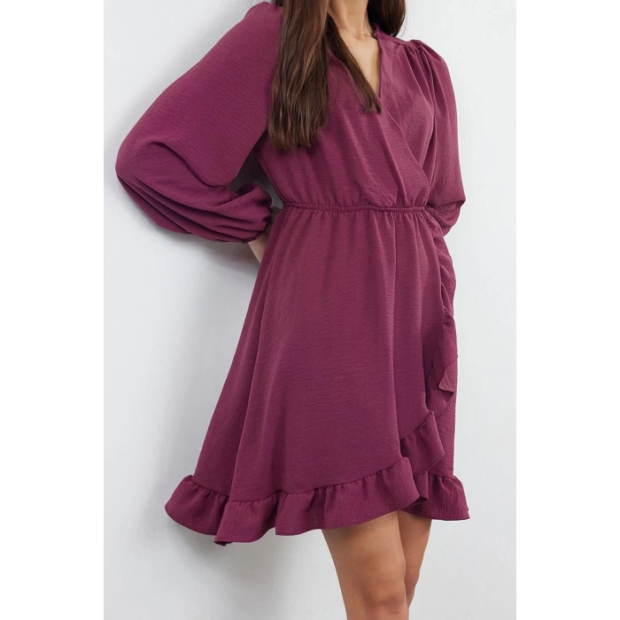 Women Fashion Stylish Mini Length Double Breasted Regular Belted Woven Flounce Dress