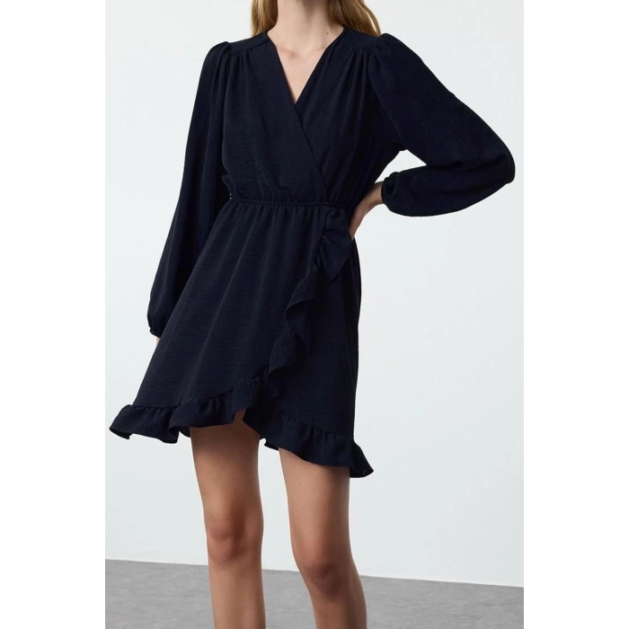 Women Fashion Stylish Mini Length Double Breasted Regular Belted Woven Flounce Dress