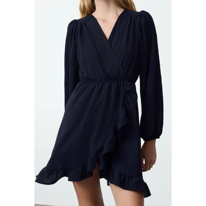 Women Fashion Stylish Mini Length Double Breasted Regular Belted Woven Flounce Dress