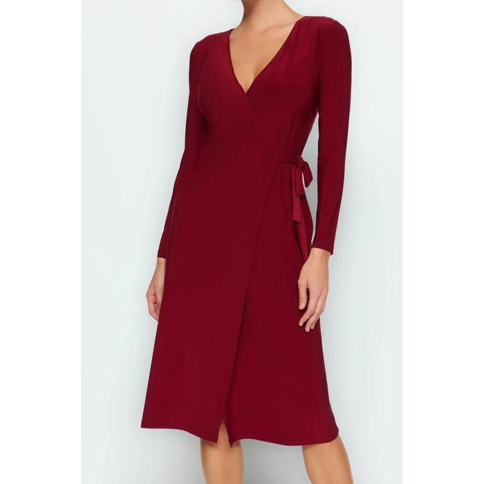 Kadın Moda Şık Midi Boy Kruvaze Regular Yaka Kuşaklı Fitted Vücuda Oturan Örme Elbise