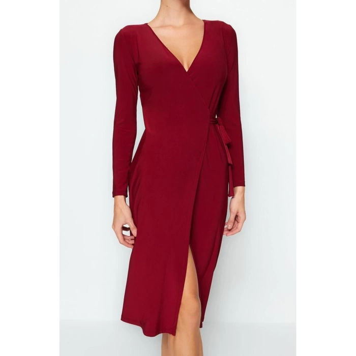Kadın Moda Şık Midi Boy Kruvaze Regular Yaka Kuşaklı Fitted Vücuda Oturan Örme Elbise