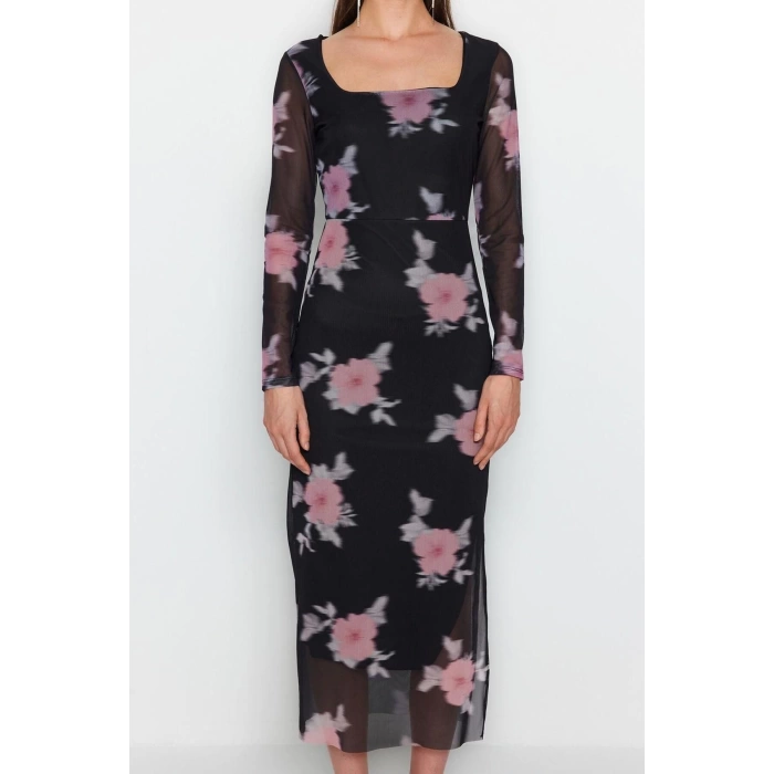 Kadın Moda Şık Midi Boy Kare Yaka Slim Tül Çiçekli Vücuda Oturan Esnek Örme Kalem Elbise