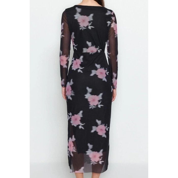 Kadın Moda Şık Midi Boy Kare Yaka Slim Tül Çiçekli Vücuda Oturan Esnek Örme Kalem Elbise