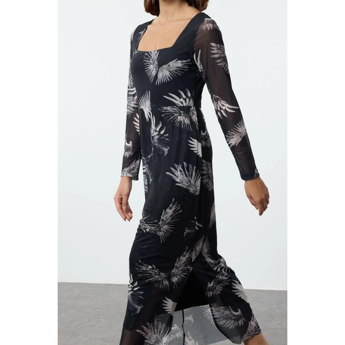 Kadın Moda Şık Midi Boy Kare Yaka Slim Tül Çiçekli Vücuda Oturan Esnek Örme Kalem Elbise