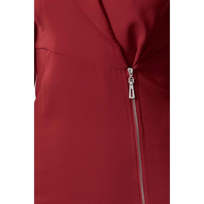 Kadın Moda Şık Mini Boy Ceket Yaka Fitted Fermuar Detaylı Dokuma Elbise
