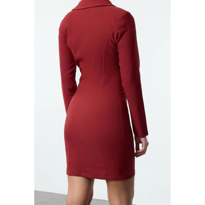 Kadın Moda Şık Mini Boy Ceket Yaka Fitted Fermuar Detaylı Dokuma Elbise
